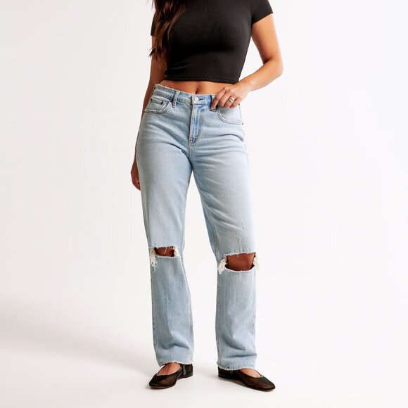 Abercrombie & Fitch Curve Love Mid Rise 90s Straight Jean - 29L Light Destroy - Picture 1 of 9